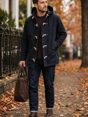 21men Navy Hooded Toggle Pea Coat with Contrast Rope Details
